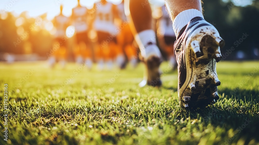 Poster Close-up of muddy cleats on a football player running on a green field with teammates in the background.