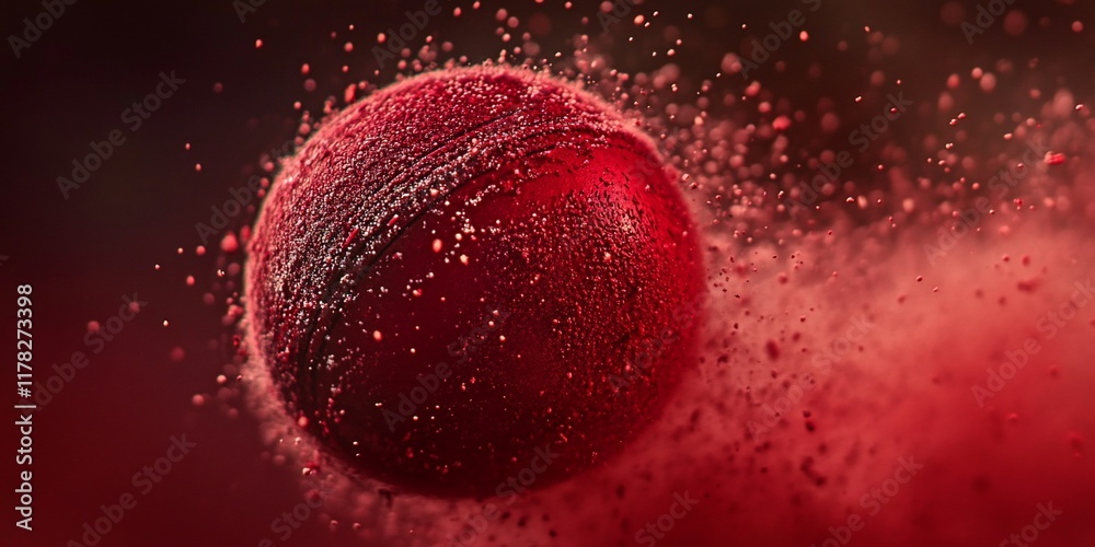 Poster red sphere in motion, surrounded by a red dust cloud.