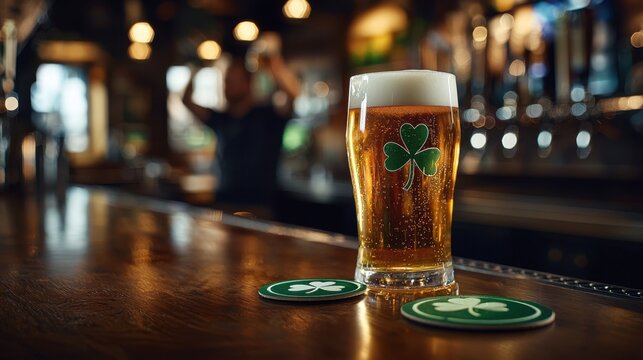 St. Patrick's Day celebration beer pub scene with glass of golden beer featuring shamrock design on wooden bar counter festive atmosphere colorful lights warm tones holiday spirit cheerful vibe