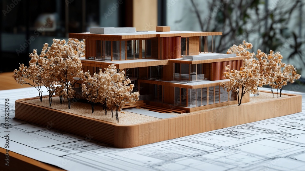 Poster architectural model of a modern, multi-level wooden house with surrounding trees, displayed on bluep