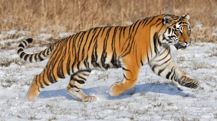 Obraz premium Tiger running through snow in a natural habitat.