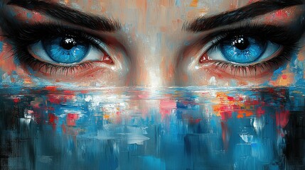 Intense blue eyes reflecting a vibrant sunset over water