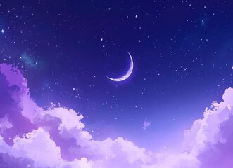 Ethereal night sky with crescent moon and stars, dreamy purple clouds, celestial background for design or text space, purple blue color scheme, celestial background, ethereal night scene. colorful