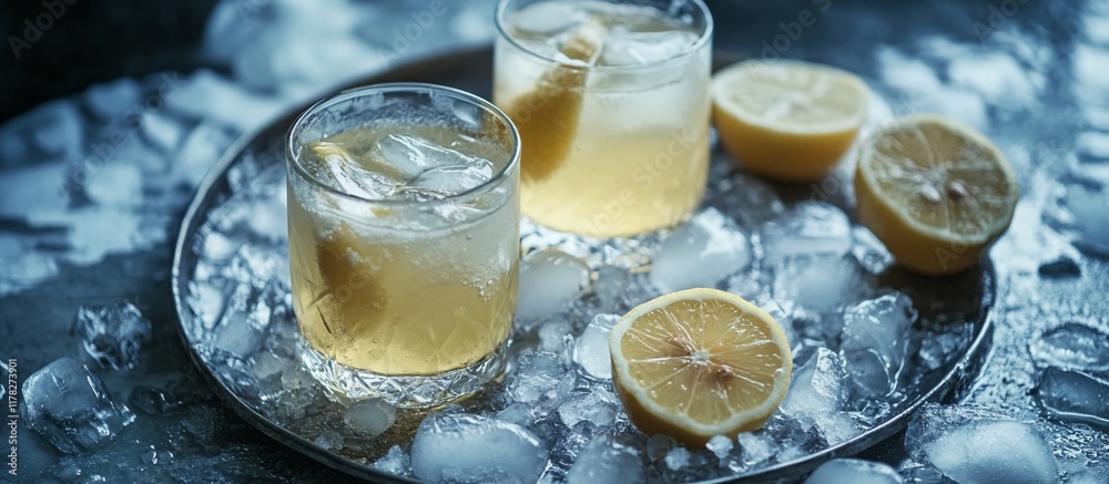 Aufkleber two glasses of iced lemon drink on a tray with ice cubes and lemon slices.