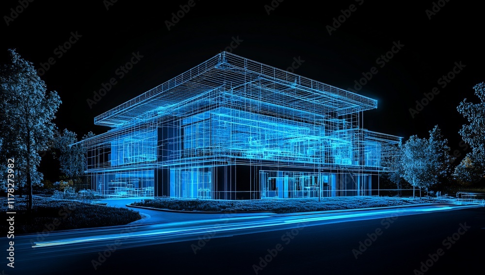 Aufkleber wireframe model of a modern building at night.
