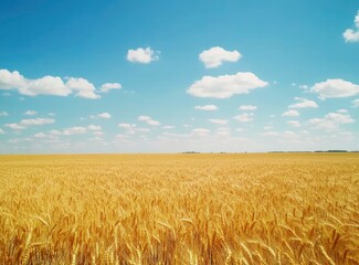 Golden wheat field against the backdrop of a blue sky, close-up, natural lighting, sunny day, natural beauty, background for design and decoration in rural areas. Stock photo, detailed. 