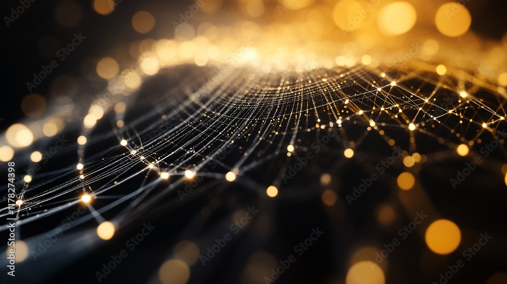 Poster Glowing golden web-like network abstract background.
