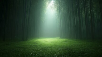 Mystical Bamboo Forest Path in the Fog: A Serene and Ethereal Scene