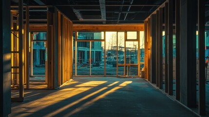 Interior of a building under construction at sunset.