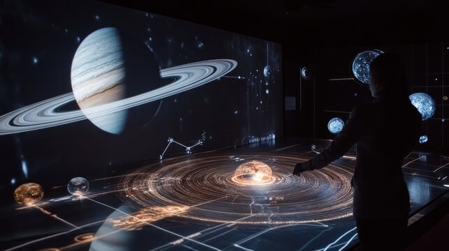 Woman interacts with interactive holographic solar system display.