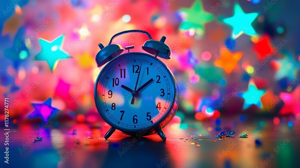 Aufkleber close-up of a classic alarm clock showing midnight, surrounded by colorful star-shaped lights and co