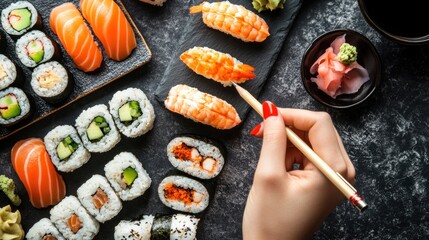 A hand holding chopsticks over sushi platter.