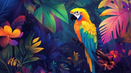 Obraz premium Vibrant macaw perched on branch amidst lush tropical foliage.