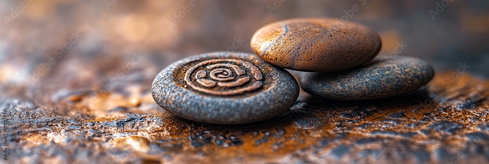 Poster Three smooth stones with a carved spiral pattern on the center stone, resting on a textured surface.
