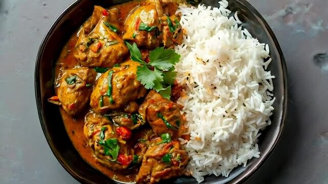 A chicken curry served with fluffy basmati rice and garnished with fresh cilantro