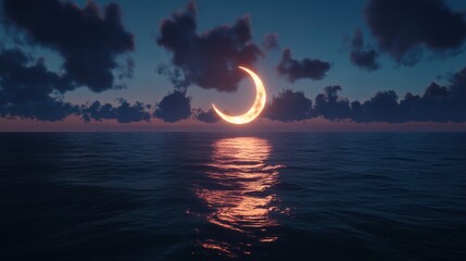 Crescent moon setting over calm ocean at night.