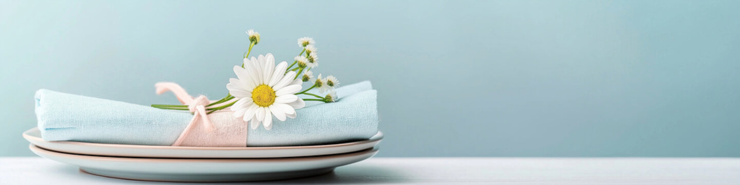 Minimalist easter table setting with daisies and pastel colors with copy space. Ideal for greetings or promotions with copy space for text or ads
