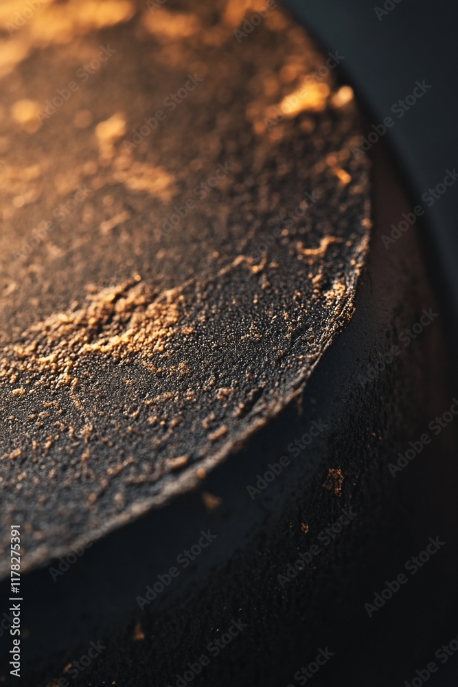 Aufkleber close-up of a dark, textured surface with crumbs and uneven edges, lit from above.