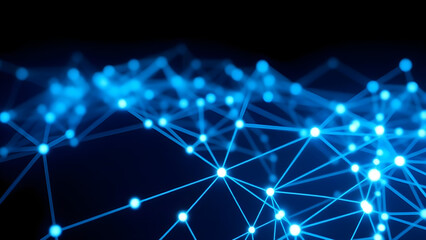 Artificial Intelligence Networks. A set of glowing blue connections fills the dark background, representing digital networks.