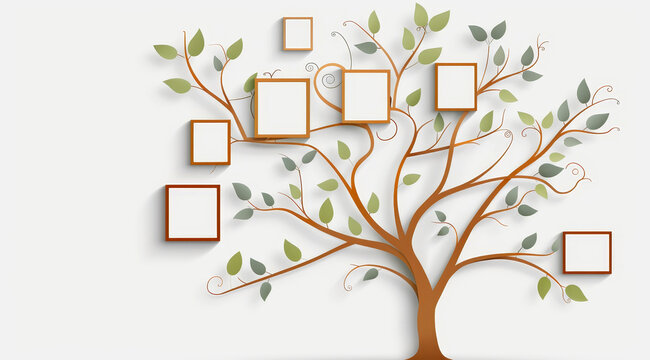 Stylish family tree layout featuring branches and leaves, designed for documenting familial connections with blank squares for names