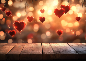 Romantic Valentine Background with Glitter Hearts on Rustic Wooden Table and Bokeh Lights
