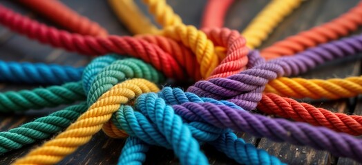 Colorful braided ropes entwined in circular pattern. Vivid rainbow colors illustrate unity, diversity. Colorful ropes show team spirit, oneness in colorful pattern on wooden surface. Concept of