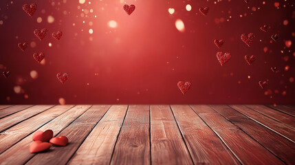 Romantic Valentine Background with Glitter Hearts on Rustic Wooden Table and Bokeh Lights