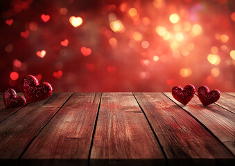 Romantic Valentine Background with Glitter Hearts on Rustic Wooden Table and Bokeh Lights