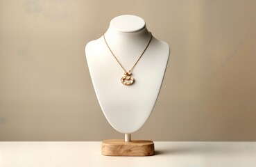 Elegant necklace pendant displayed on beige mannequin. White, cream background. Wooden stand luxury accessory. Trendy 3d jewelry presentation. High-quality jewelry display for social media