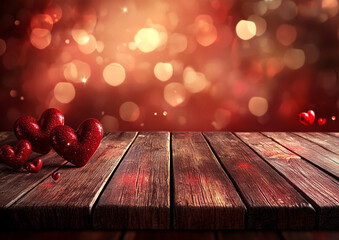 Romantic Valentine Background with Glitter Hearts on Rustic Wooden Table and Bokeh Lights