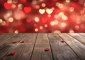 Romantic Valentine Background with Glitter Hearts on Rustic Wooden Table and Bokeh Lights