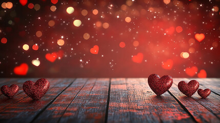 Romantic Valentine Background with Glitter Hearts on Rustic Wooden Table and Bokeh Lights