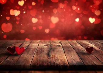 Romantic Valentine Background with Glitter Hearts on Rustic Wooden Table and Bokeh Lights