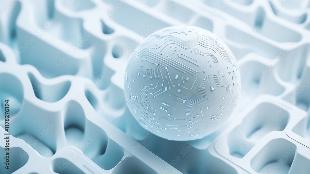 Fototapete white sphere with circuit board design rests on a complex maze-like surface.