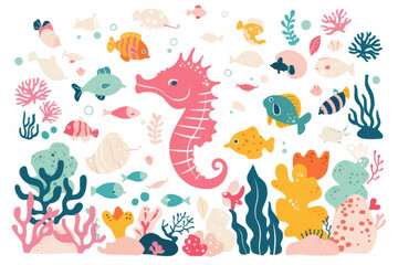 colorful underwater scene featuring large seahorse and various fish