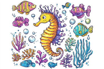 Fototapeta premium Colorful seahorse surrounded by various fish and coral in underwater scene