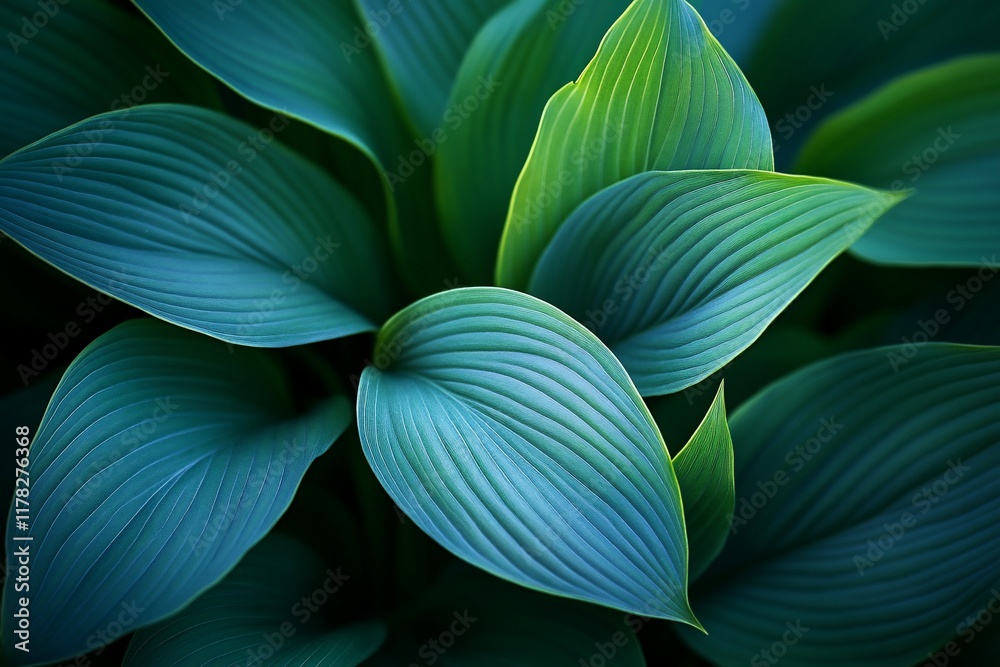 Poster lush green leaves with prominent veins, close-up view showing texture and color variations.