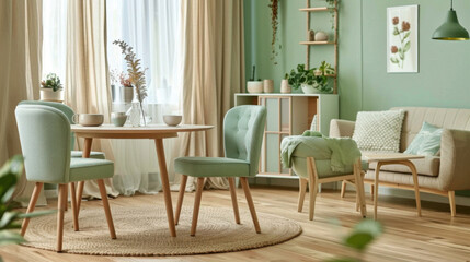 Modern dining room with mint-colored chairs surrounding a round wooden table in a bright, minimalist setting
