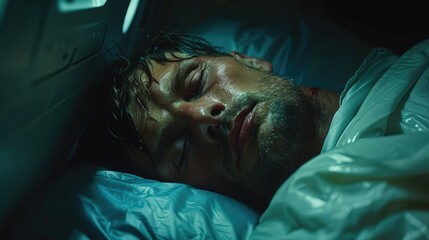 Injured man lies unconscious in ambulance, nighttime emergency transport