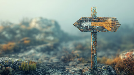 A rustic arrow marked with directional signs, pointing toward various landscapes in an abstract representation of life's journey, symbolizing choices and adventures ahead.  