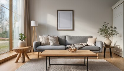 Fototapeta premium elegant living room interior with gray sofa wooden coffee table and empty picture frame on wall neutral tones and natural textures create a cozy atmosphere
