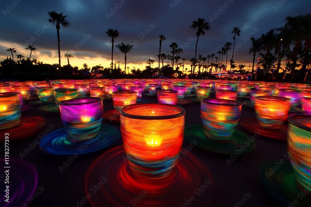 Aufkleber colorful candles illuminated at dusk, creating a mesmerizing spectacle under a dramatic sky with pal