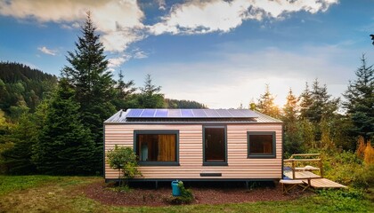 solar powered tiny home surrounded by nature showcasing sustainability