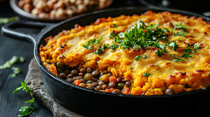 A rustic vegan shepherds pie, featuring lentils and vegetables topped with creamy mashed sweet potatoes, served in a cast-iron skillet.  