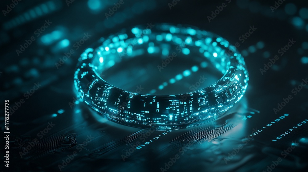 Poster Glowing ring with digital code on circuit board.