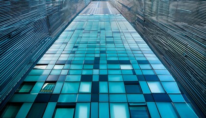 modern architectural facade featuring a geometric pattern of teal blue square panels with varying depths creating a dynamic 3d effect on the building exterior
