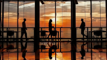 Silhouetted business professionals talking in a modern office space