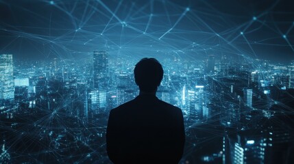 Silhouette overlooking a futuristic cityscape.