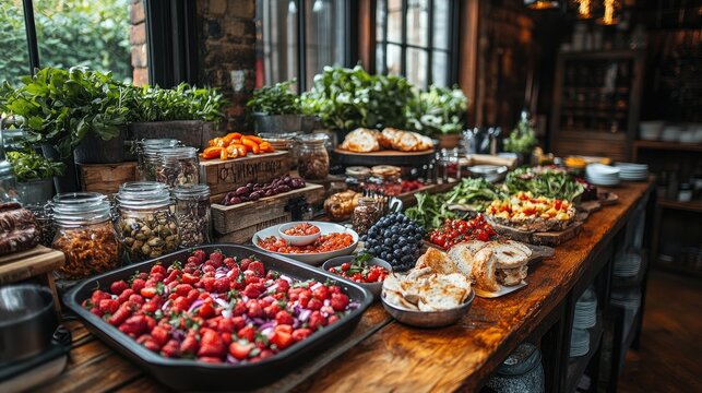 Rustic restaurant buffet with fresh fruit, vegetables, bread, and dips by the window