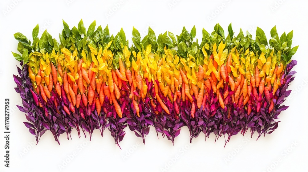 Poster colorful foliage arranged in a rainbow gradient pattern on white background.